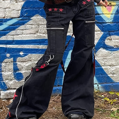 Women'S Y2k Gothic Punk Wide Leg Pants, Cotton Blend, Sexy Solid Color, with Chain Detail, for All-Season Woven Workwear Trousers