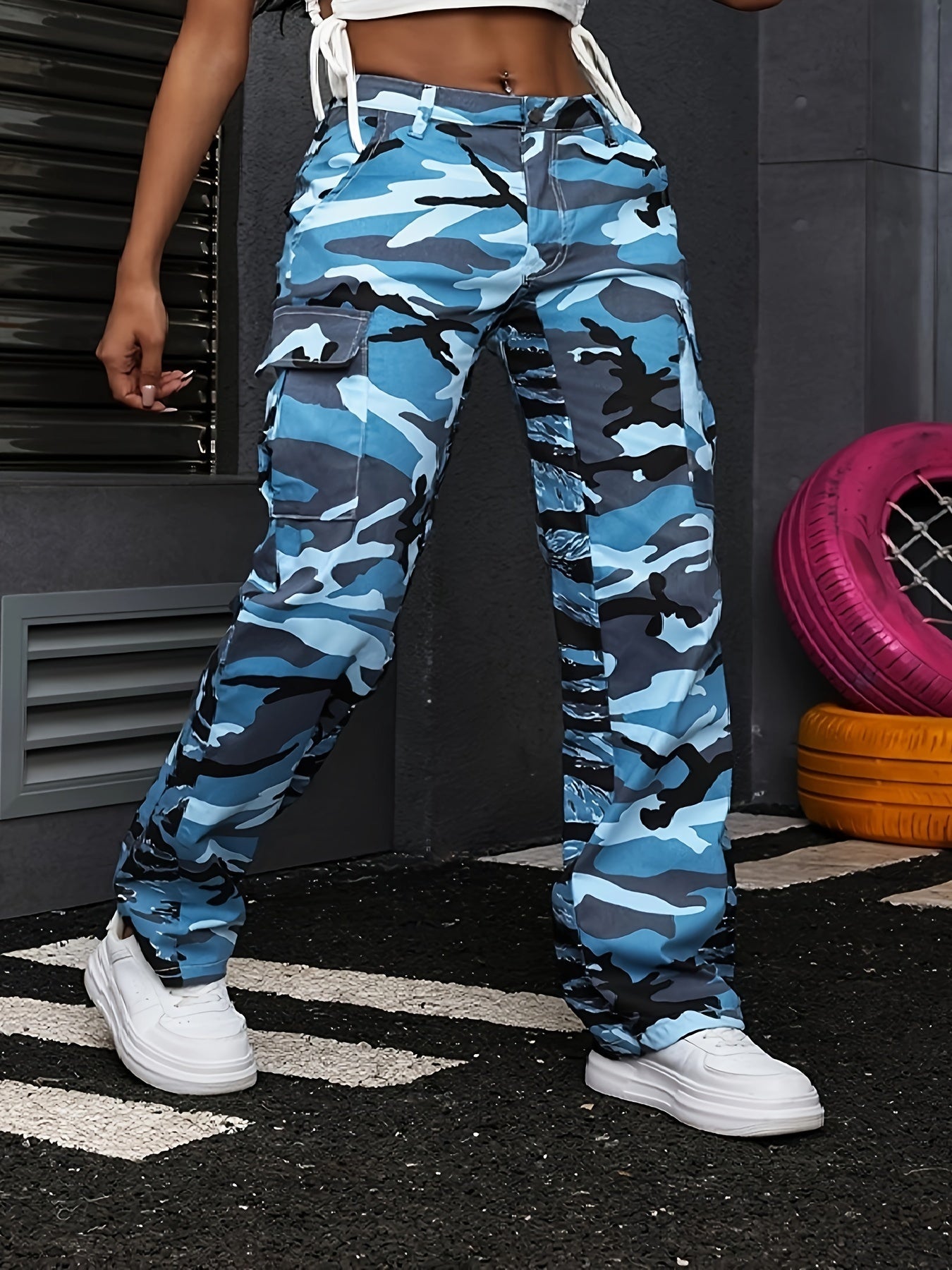 Plus Size Women's Camo Print Streetwear Cargo Jeans with Side Flap Pocket, Distressed Denim, Loose Fit, and Comfortable Design