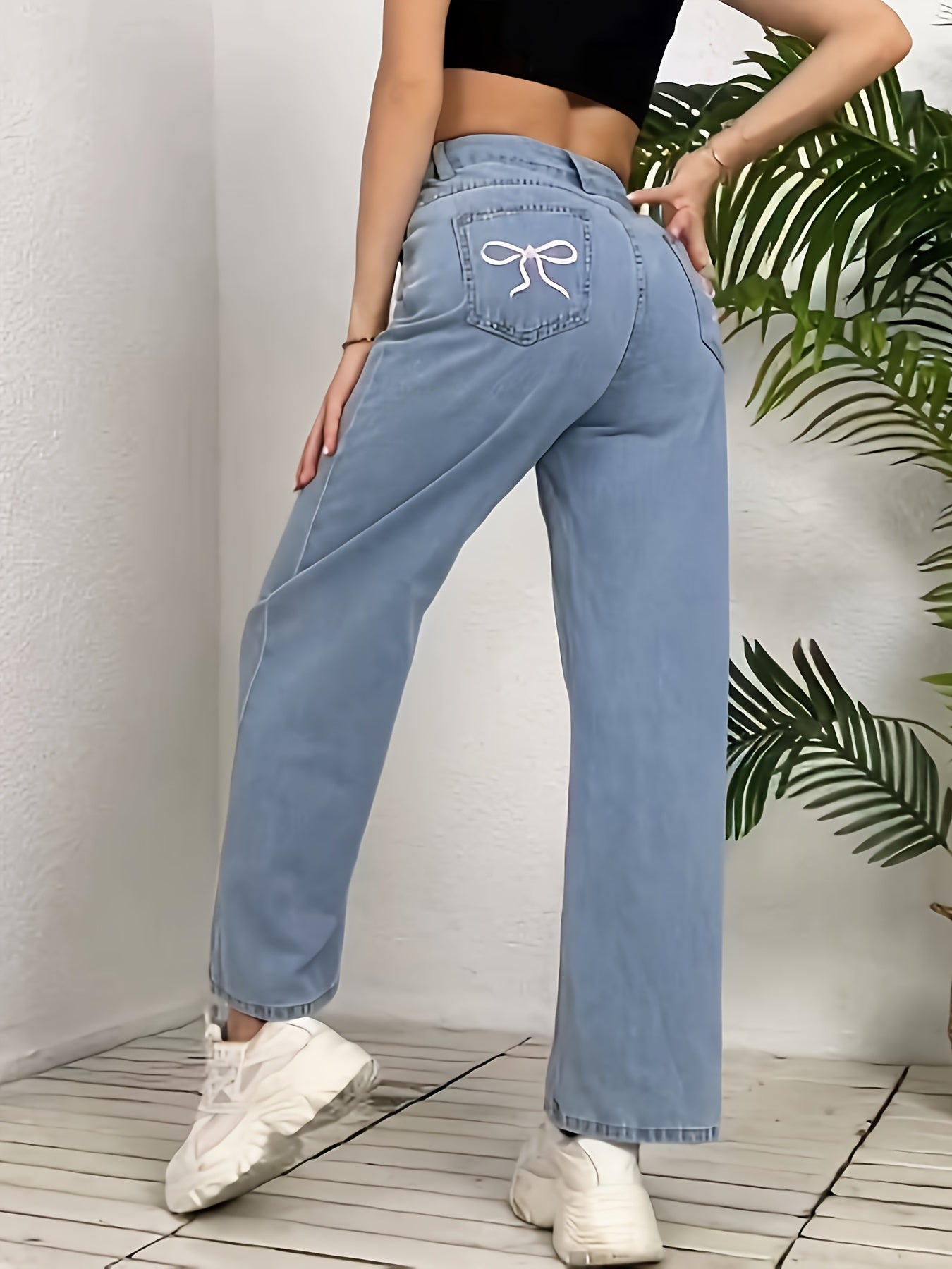 Embroidered Bow Washed Denim Jeans For Women - Mid-waisted Straight-leg Trousers, High-end Feel Niche Street