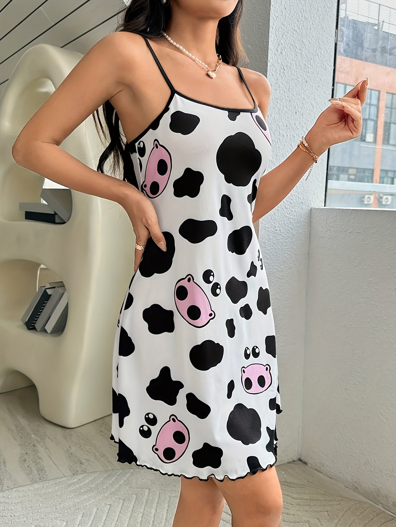 Women's Cute Cow Print Frill Trim Sleepwear Dress, Round Neck Backless Slip Dress, Comfortable Nightgown