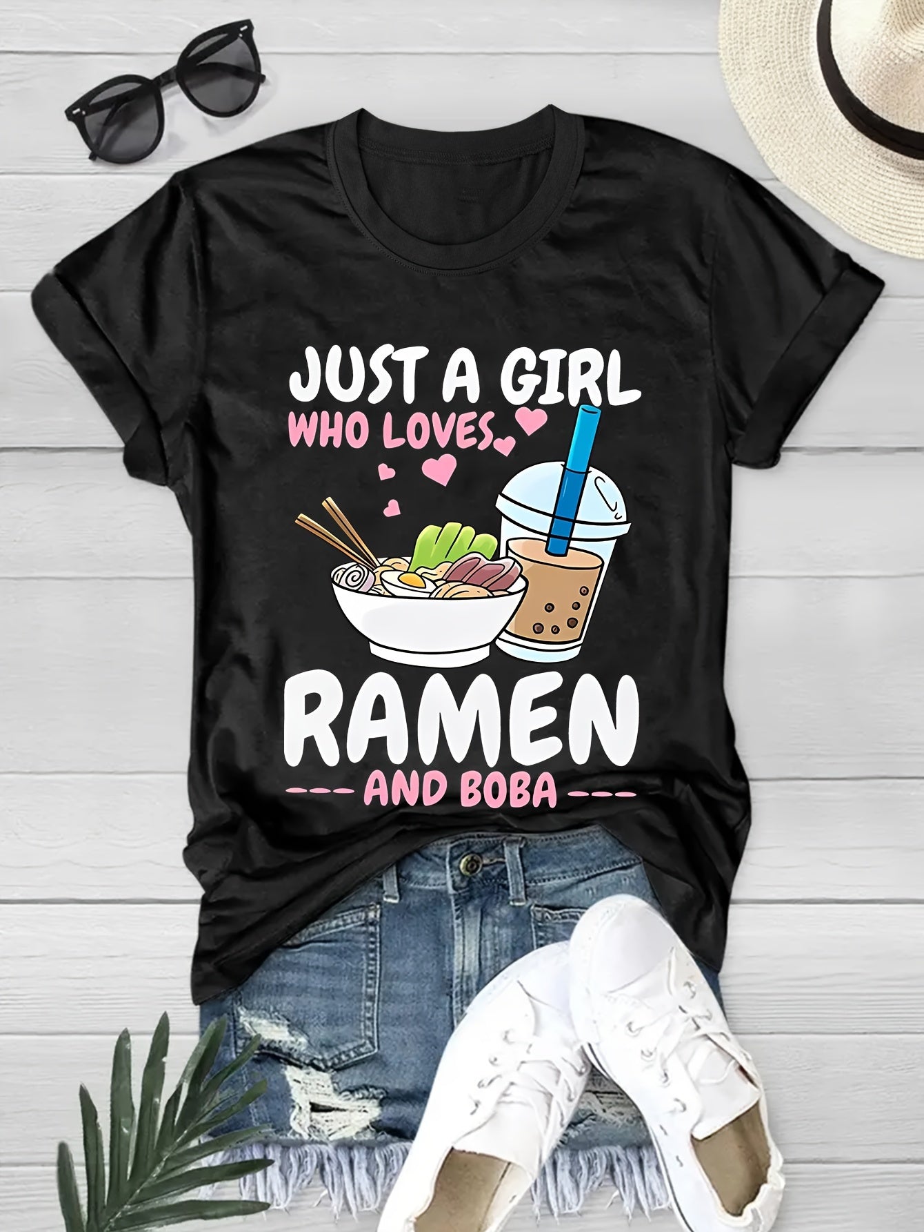 Camiseta de cuello redondo con estampado de ramen vibrante: camiseta de manga corta suave, transpirable e informal para primavera y verano: ropa de mujer de corte relajado para uso diario