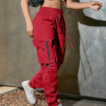 High-Waist Wide-Leg Cargo Pants - Casual Fashion, Soft Polyester, Drawstring Elastic Waist, Multi-Pocket Design