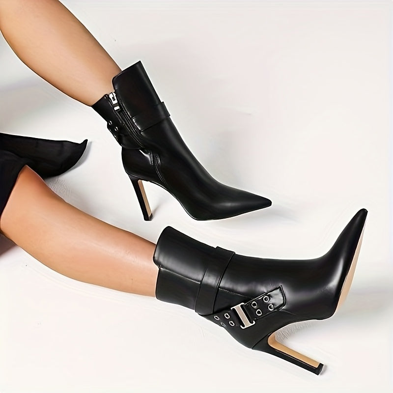 Pointed Ankle Boots Pointed Toe High Heel Mid Calf Side Zipper Short Booties With Buckle Strap - 4 Inch