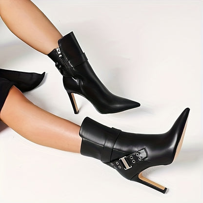 Pointed Ankle Boots Pointed Toe High Heel Mid Calf Side Zipper Short Booties With Buckle Strap - 4 Inch