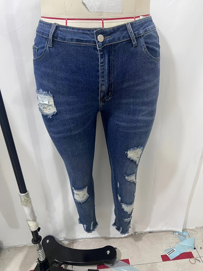 Pantalones vaqueros desgastados azules con dobladillo rasgado de talla grande: pantalones de mezclilla versátiles, cómodos y modernos para mujeres: alta calidad, ajuste relajado y fácil de combinar