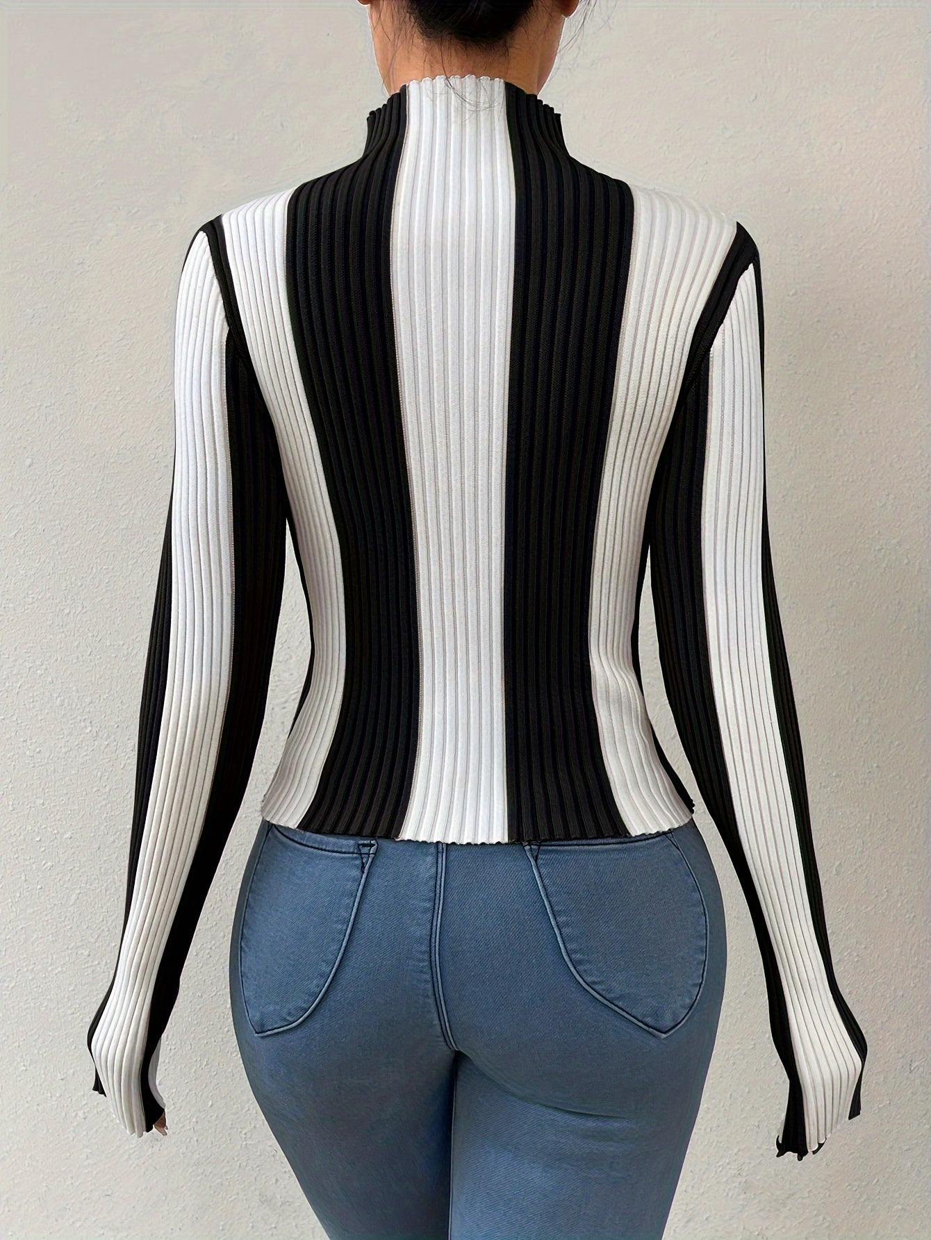 Rib Knit Color Block Mock Neck Sweater, Elegant Long Sleeve Sweater For Fall & Winter