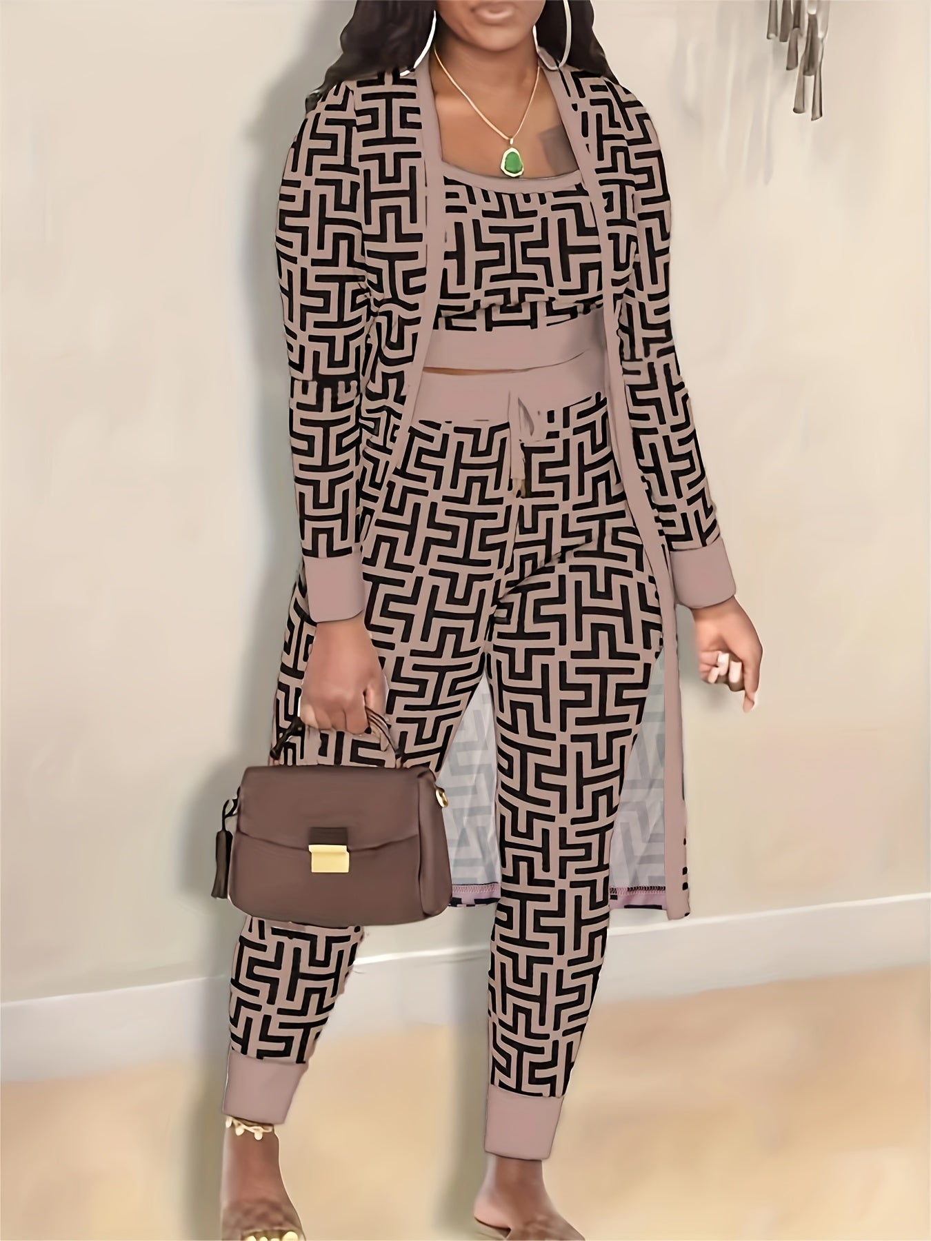 Three-Piece Set, Crop Cami Top, Slim Pants, and Long Sleeve Cardigan Outfits, All Over Print Women's Clothing