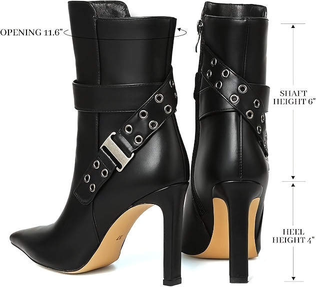 Pointed Ankle Boots Pointed Toe High Heel Mid Calf Side Zipper Short Booties With Buckle Strap - 4 Inch