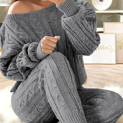 Plus Size Casual Sweater Outfits Set, Women's Plus Solid Long Sleeve One Shoulder Cable Knit Jumper & Sweater Pants Sweater Outfits Two Piece Set