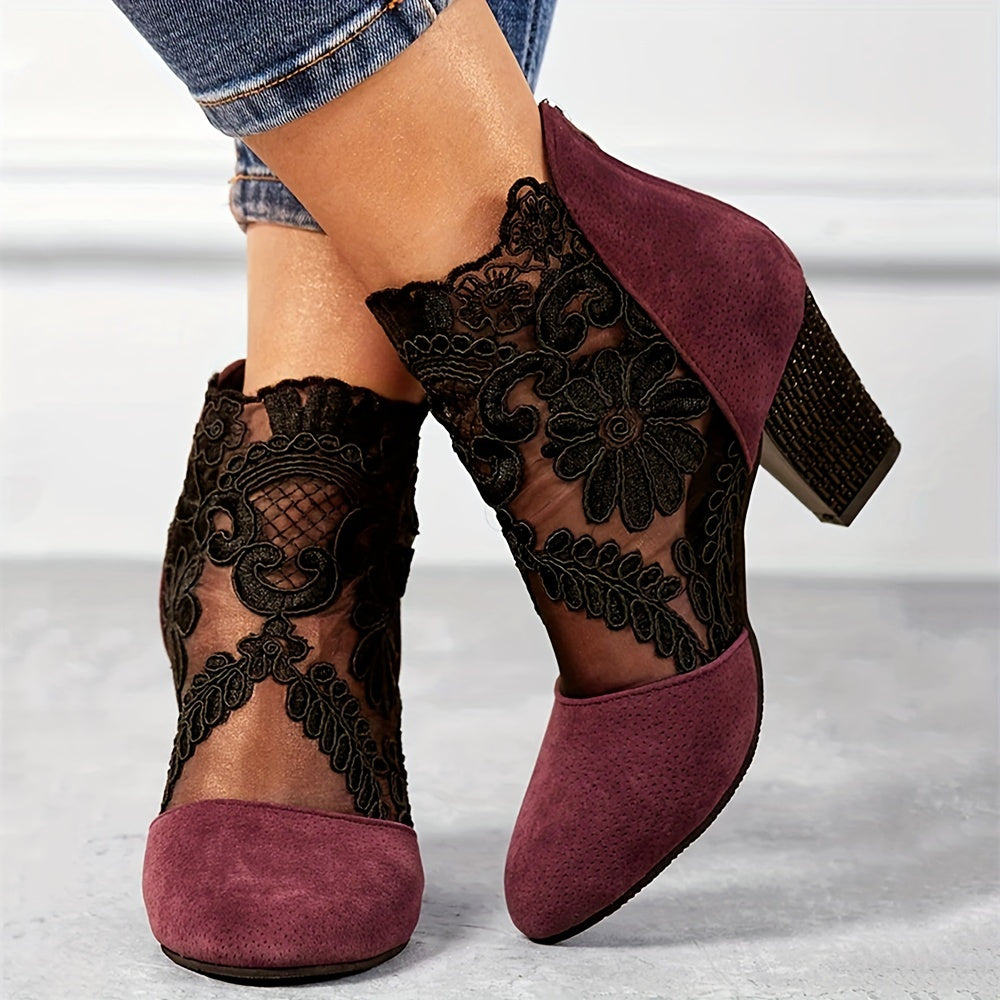 Stunning Floral Lace Ankle Boots - Chic Pointed Toe, Chunky High Heel, Versatile, Fashionable, Comfortable, and Perfect for Various Occasions - Ideal for Women Who Want to Elevate Their Style - LuxyXO