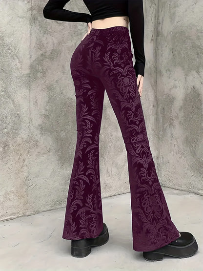 Gothic Floral Print High Waist Pants, Elegant Flare Leg Pants, Women's Clothing