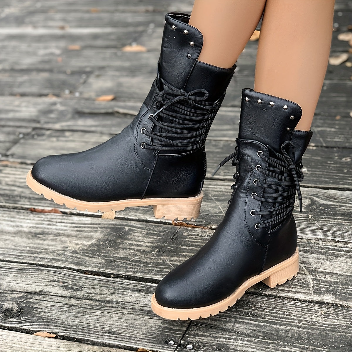 Women's Fashionable Mid-Calf Boots with Rivet Detail - Chunky Heel, Plush Lined for Winter Comfort, Side Zipper Closure