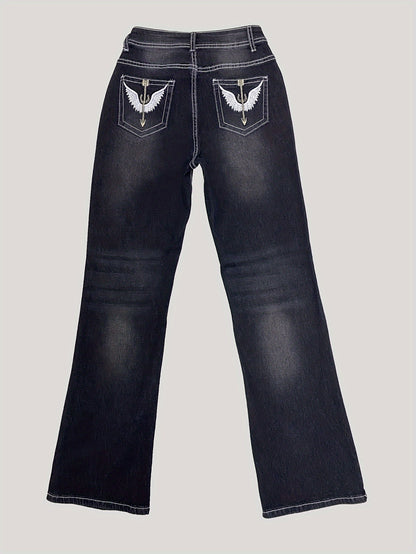 Stylish Black Wing Embroidered High-Waisted Jeans - LuxyXO