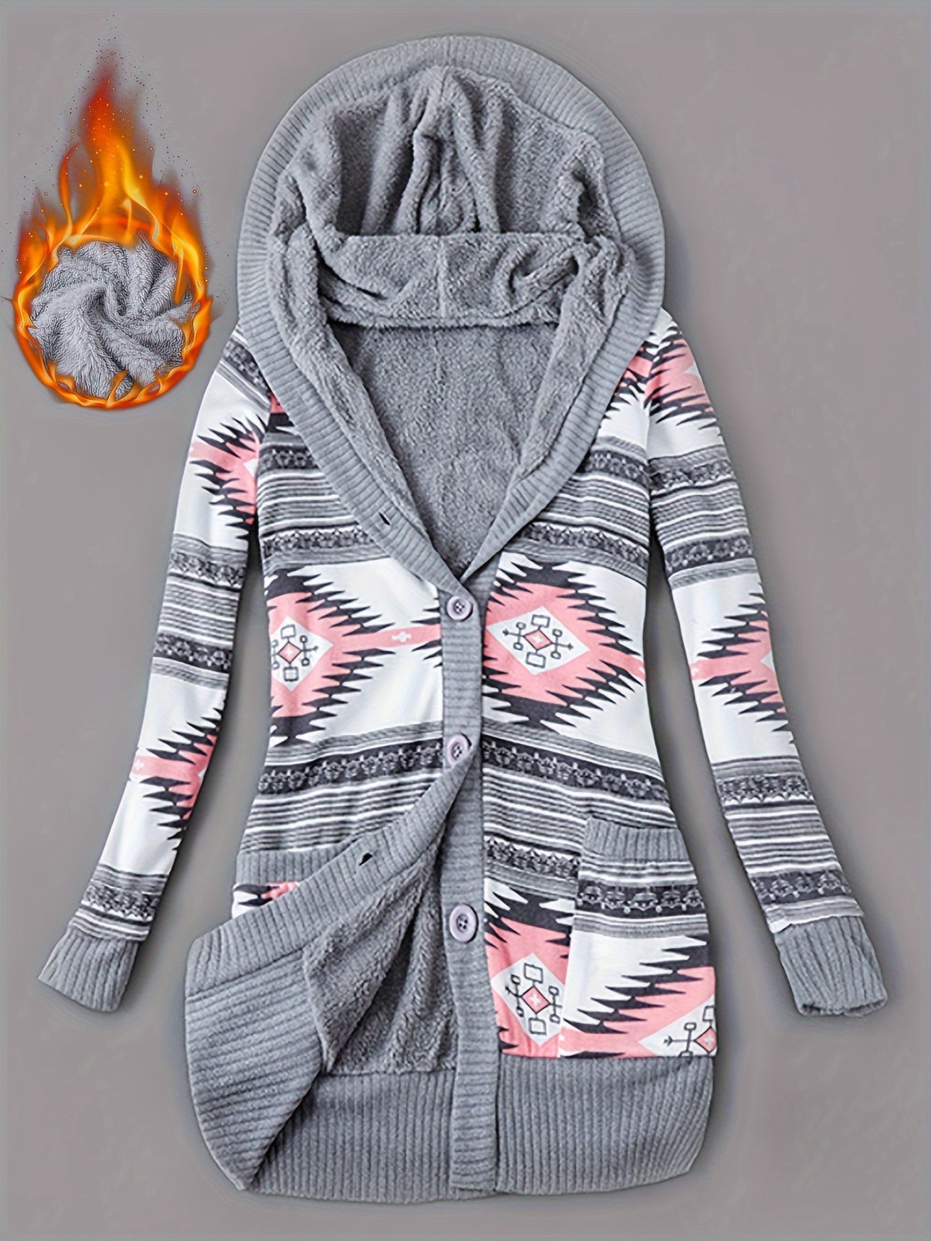 Cozy Fleece-Lined Hooded Cardigan - Geometric Print, Long Sleeve Knit Lounge Top with Pockets for Women, Perfect for Fall/Winter