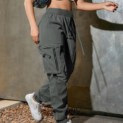 High-Waist Wide-Leg Cargo Pants - Casual Fashion, Soft Polyester, Drawstring Elastic Waist, Multi-Pocket Design