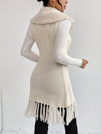 Cárdigan hasta la rodilla - Elegante, sin mangas, corte ajustado, cuello con solapa de piel sintética, diseño frontal abierto con dobladillo con borlas, perfecto para otoño e invierno, ropa de mujer