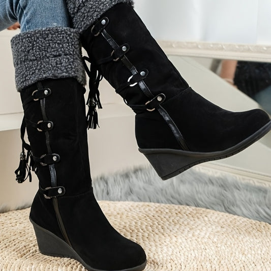 Warm & Cozy Fleece Lined Wedge Mid Calf Boots - Thermal Insulation