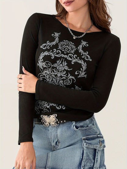 Camiseta holgada con estampado de patrón y manga larga con cuello redondo y estilo gótico informal de otoño para mujer