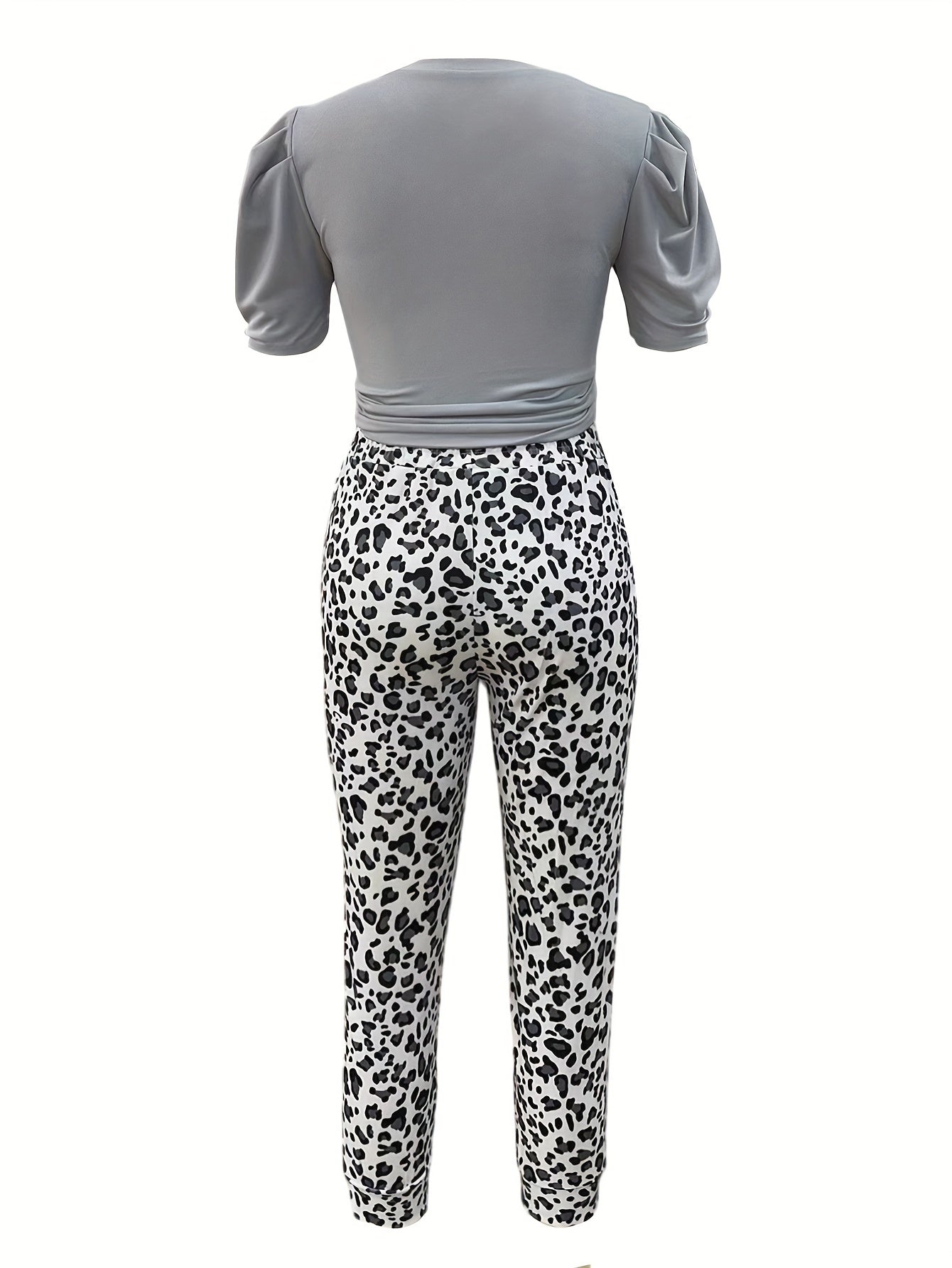 Spring/Summer Leopard Print Vacation Outfit Set - Crew Neck Short Sleeve Top with Drawstring & Mid Elasticity Allover Print Pants - Machine Washable, Polyester, Knit Fabric, Random Printing, No Sheer