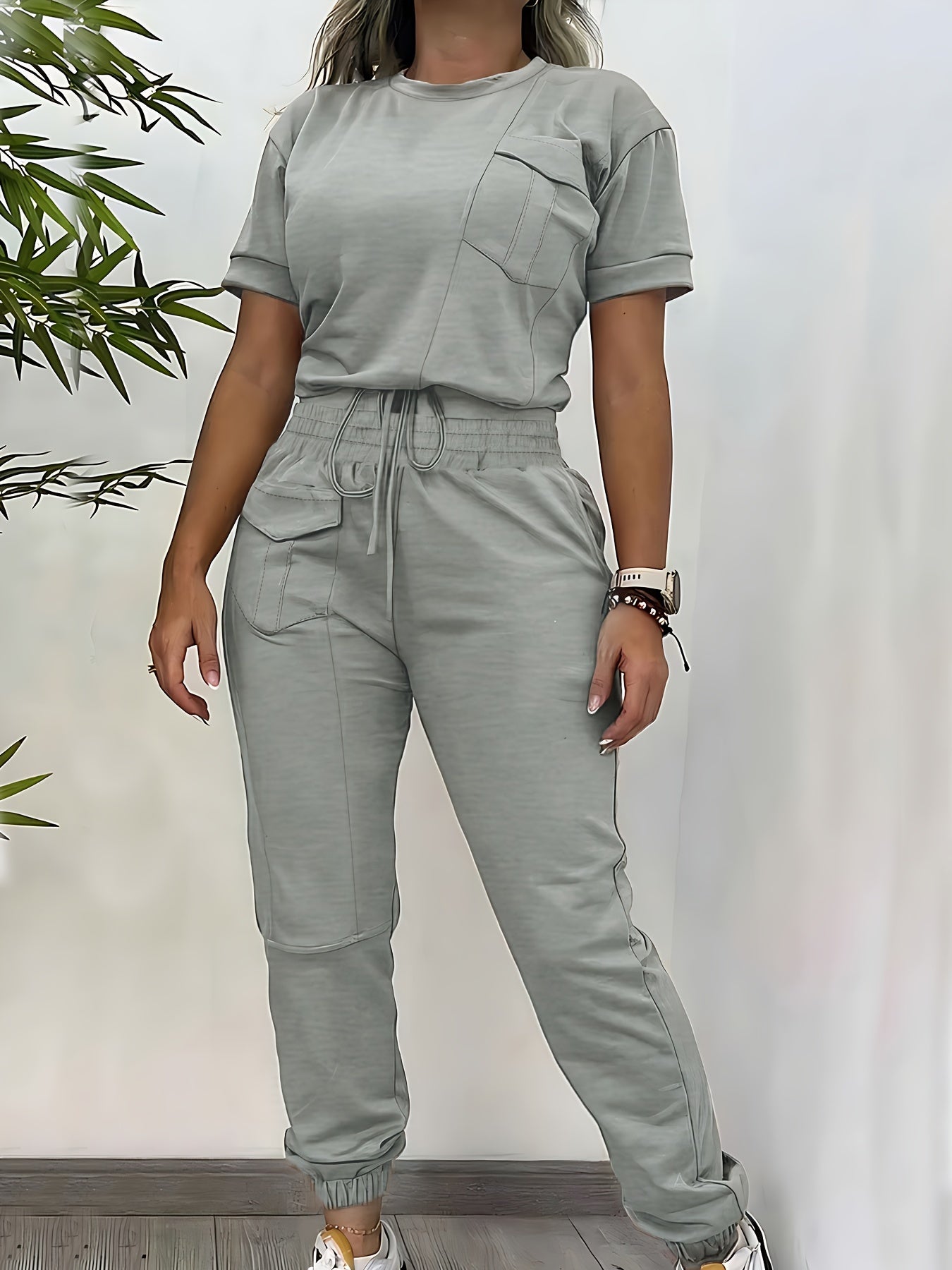 Two-Piece Solid Color Casual Outfit - Crew Neck Short Sleeve T-Shirt & Drawstring Waist Fitted Joggers - Soft Micro Elastic Polyester Fabric, Machine Washable, Regular Fit, All-Season Wear