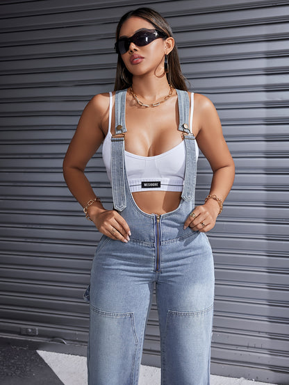 Womens High-Waisted Cargo Denim Romper