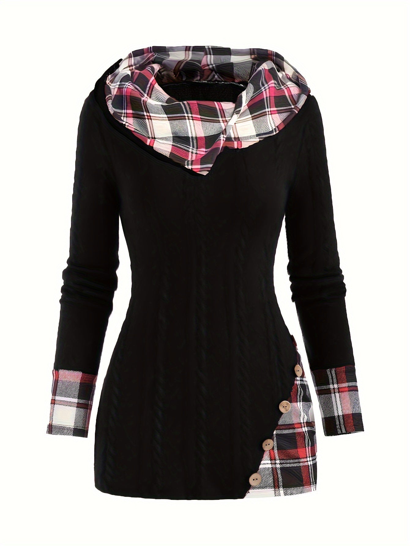 Plaid Splicing Button Decor Cable Hooded Sweater - Stylish Long Sleeve Casual Wear for Women with Decorative Button Details and Unique Splicing Design - Perfect for Everyday Fashion