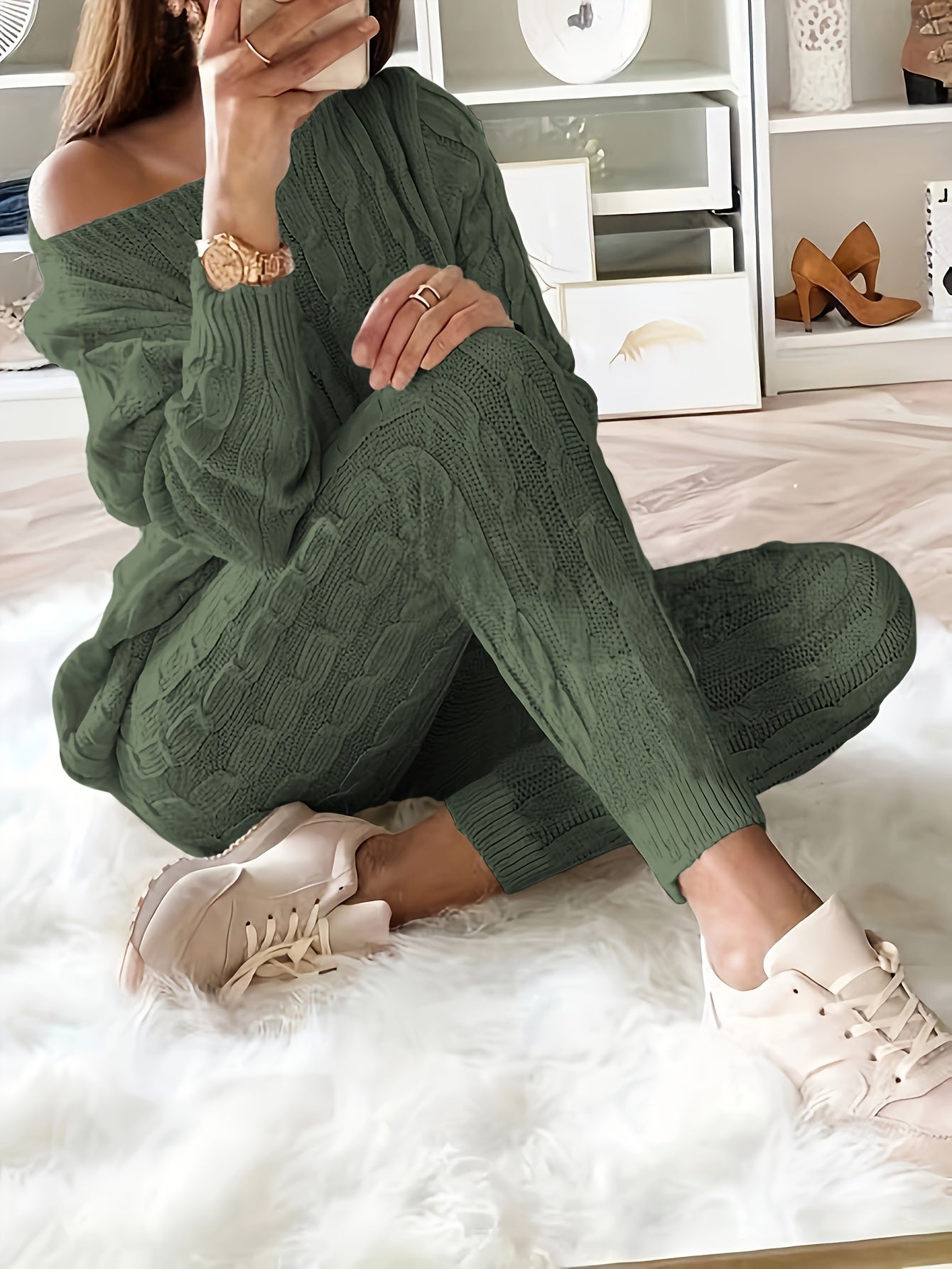 Solid Knitted Matching Two-piece Set, Casual Long Sleeve Sweater & Pants Outfit