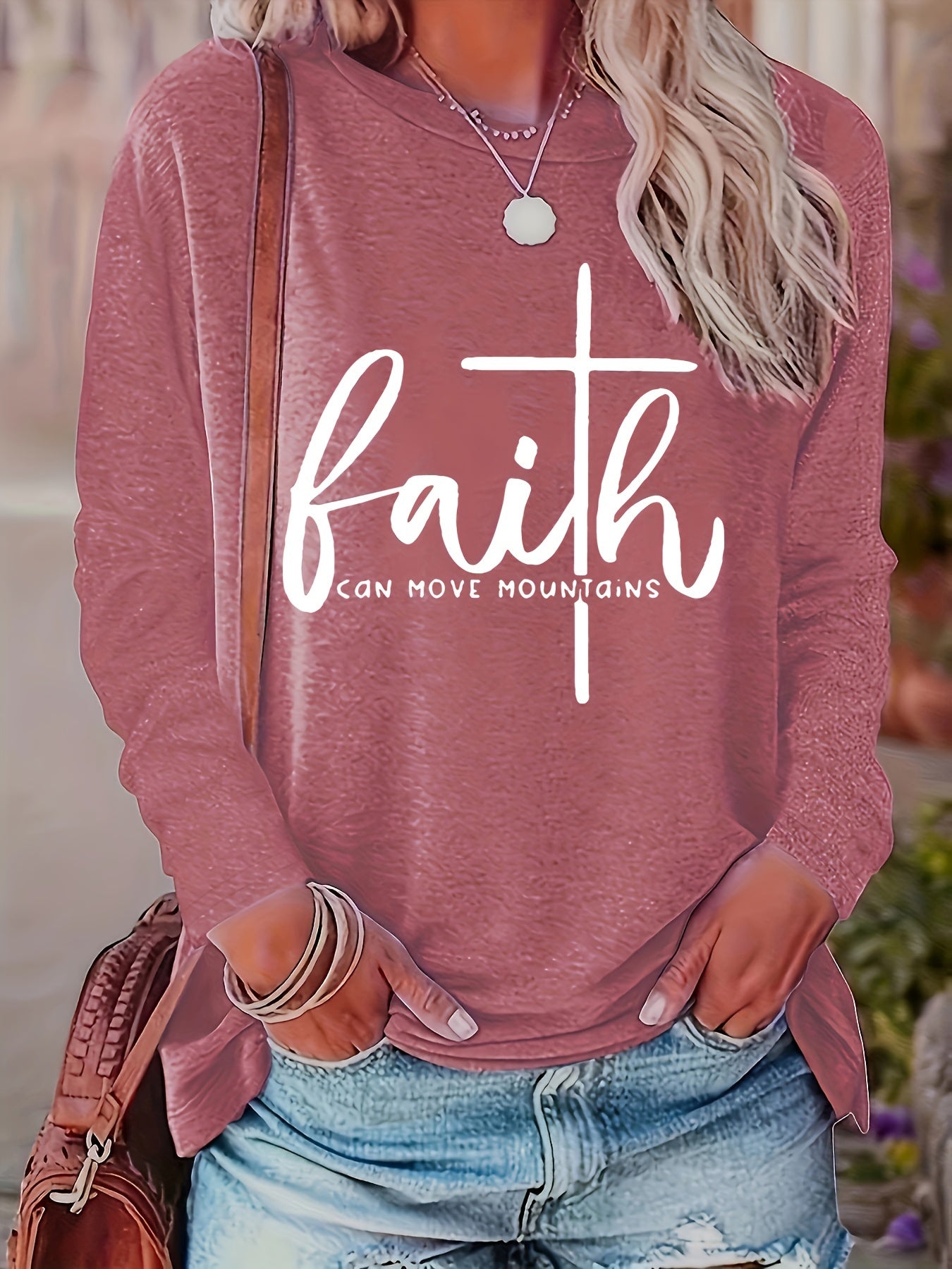 Faith-inspired Print Womens T-Shirt - Fashionable Crew Neck, Comfortable Long Sleeves for Spring & Fall - Versatile Casual Style - LuxyXO