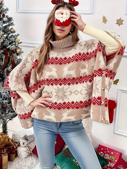 Suéter elegante de cuello alto con estampado navideño y manga larga para otoño e invierno, ropa de mujer