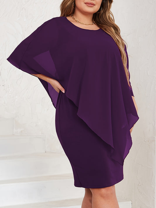 Plus Size Asymmetrical Sleeve Dress - Flattering Casual Style with Classic Crew Neck and Unique Sleeves for Spring and Summer - Exclusively Designed for Womens Plus Size Clothing