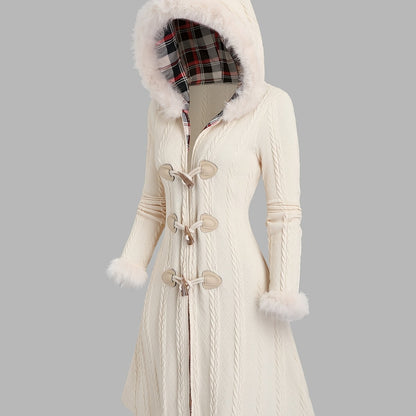 Y2K-Inspired Plaid Hooded Knit Coat with Faux Fur Trim, Horn Buttons - Long, Warm & Stylish for Women, Machine Washable, Y2K, Plaid, Faux Fur