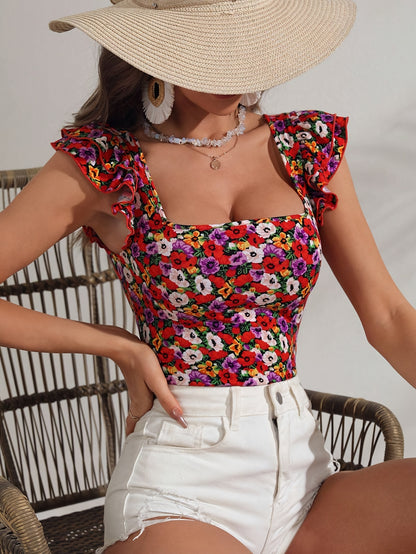 Blusa de cuello cuadrado con estampado floral vibrante, alta elasticidad, detalles de volantes, camisa estilo vacaciones para mujer, perfecta para el verano, ajuste personalizado, tejido de punto de poliéster