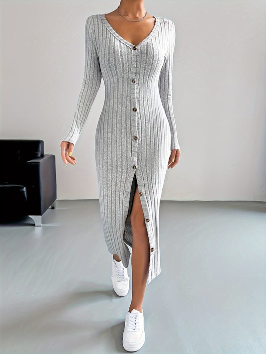 Ribbed Button Front Dress, Casual Long Sleeve V Neck Dress, Women's Clothing