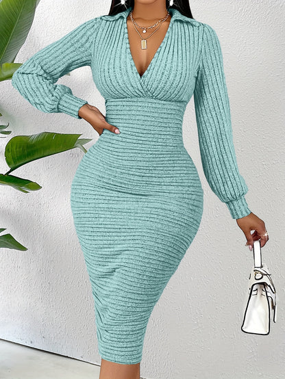 Ribbed Solid Color V-neck Dress, Elegant Long Sleeve Bodycon Dress For Spring & Fall, Women's Clothing