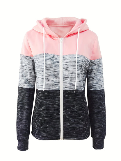 Sudadera con capucha y cremallera para todas las estaciones para mujer: sudadera informal de punto de manga larga con diseño de bloques de colores moderno