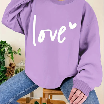 Plus Size Love Print Sweatshirt, Casual Long Sleeve Crew Neck Pullover Sweatshirt