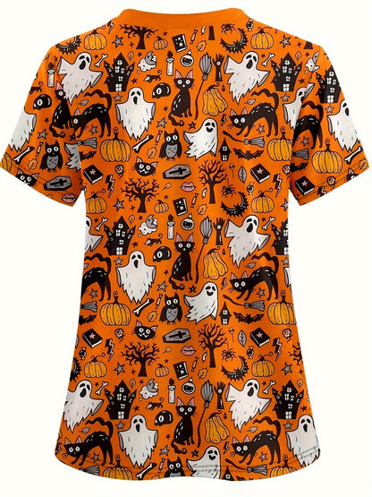 Halloween Printed V-neck Frosted Top, Comfortable Practical Medical Uniform Top, Perfect For Working In Hospitals And Dental Offices, Women's Overalls