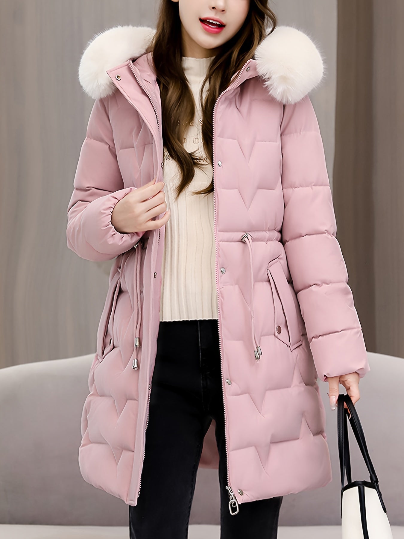 Elegant Women's Winter Coat with Detachable Hood - Long, Warm Puffer Jacket with Faux Fur Trim & Drawstring Waist