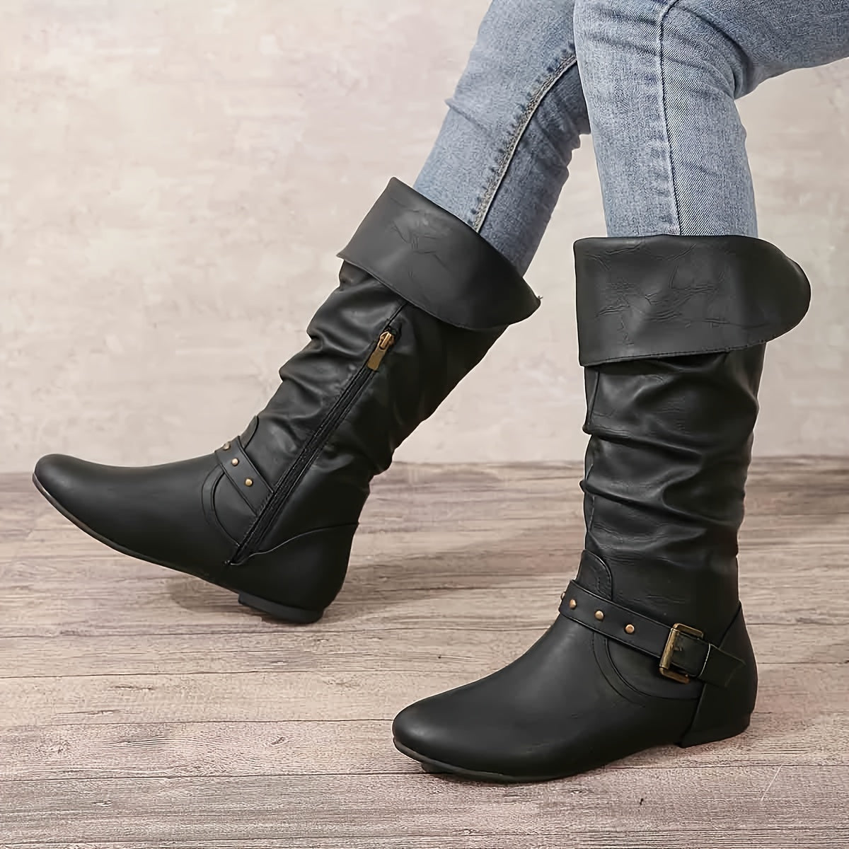 Retro Chic Pleated Knee-High Women's Boots with Buckle Detail, Comfortable Flat Heel & Easy Zip Closure, Versatile Western Style - LuxyXO