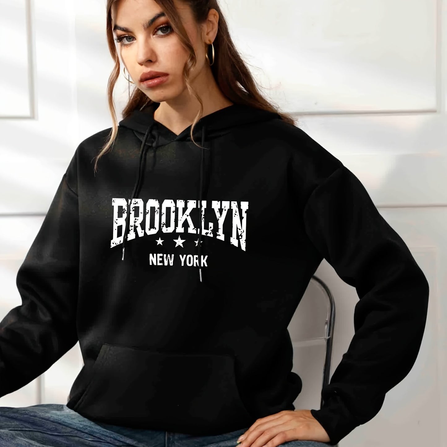 Trendy Letter Print Drawstring Sweater, Loose Kangaroo Pockets Long Sleeve Pullover Hoodies, Women's Sweatshirt