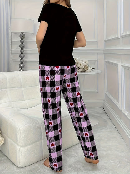 Cozy Heart Plaid Print Pajama Set for Women - Soft, Relaxed Fit, Short Sleeve Crew Neck Top & Pants