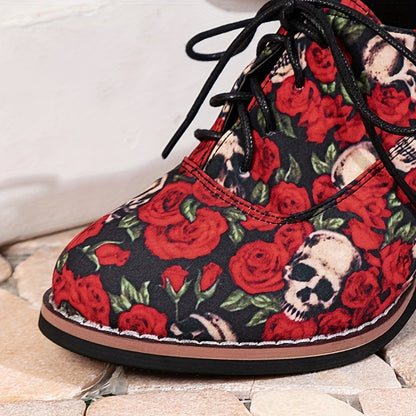 Women's Round Toe Lace-Up Pumps, Comfortable Mid-Block Heel Fabric Shoes with Halloween Skull & Rose Pattern, Versatile Office Footwear