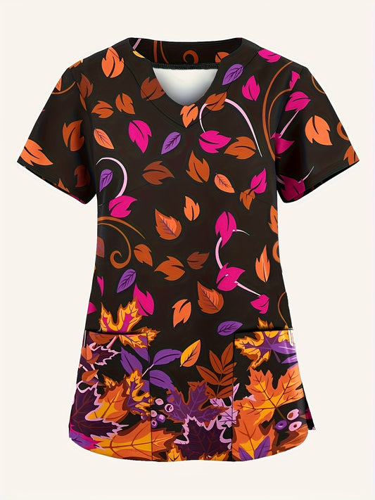 Stylish Leaf Print V-Neck Scrub Top - Ultra-Comfortable, Functional, and Breathable Health Care Uniform for Women - Perfect for Hospitals, Dental Offices, and Medical Professionals