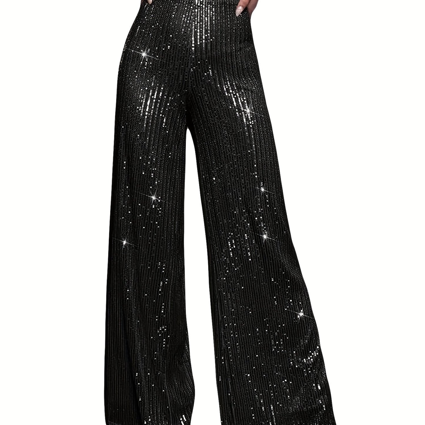 Womens Glitter Sequin Pants Sparkly Wide Loose Trousers Straight Leg Palazzo Pants Shiny Dance Bling Party Clubwear