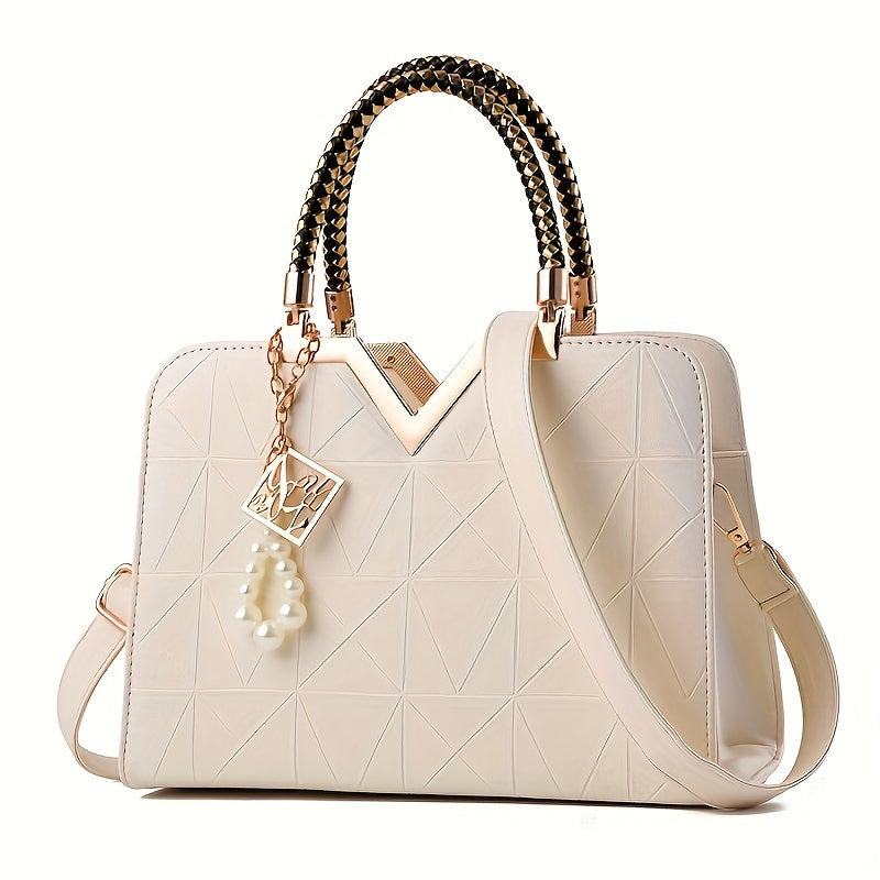 Fashion Top-Handle Handbag for Women, Solid Color Faux Leather Shoulder Bag, with Zipper Closure