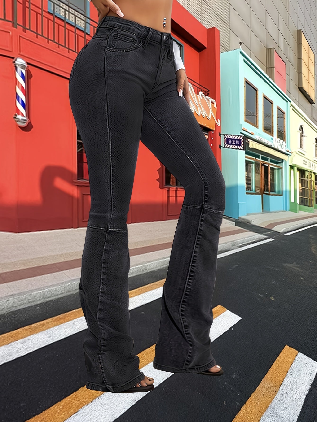 Woman wearing Women's Plus Size High Waisted Bell Bottom Jeans, Stretch Denim Flare Pants With Split Hem, Casual Street Style