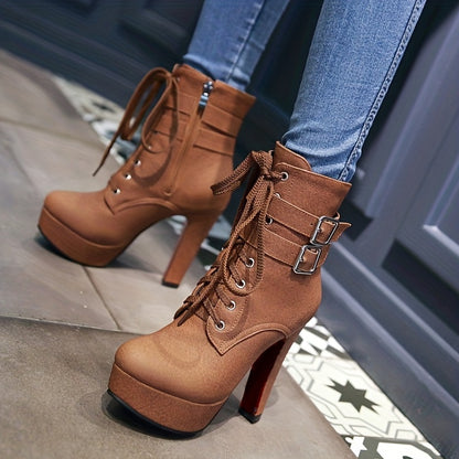 Botas de tacón alto con cordones de color liso a la moda para mujer - Tacón de aguja con base de bloque estable - Correa de tobillo con hebilla segura - Modernas y cómodas