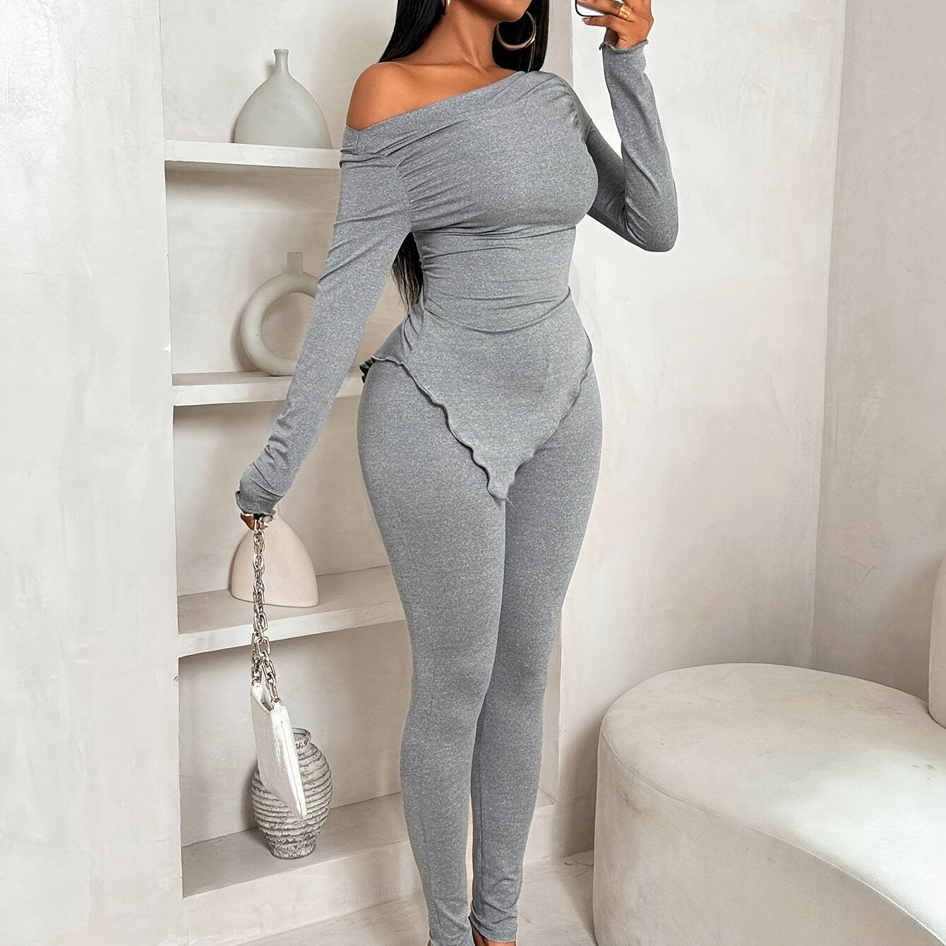 Elegant Off-Shoulder Asymmetrical Hem Long Sleeve Top and Leggings Set for Women, Chic Outfit