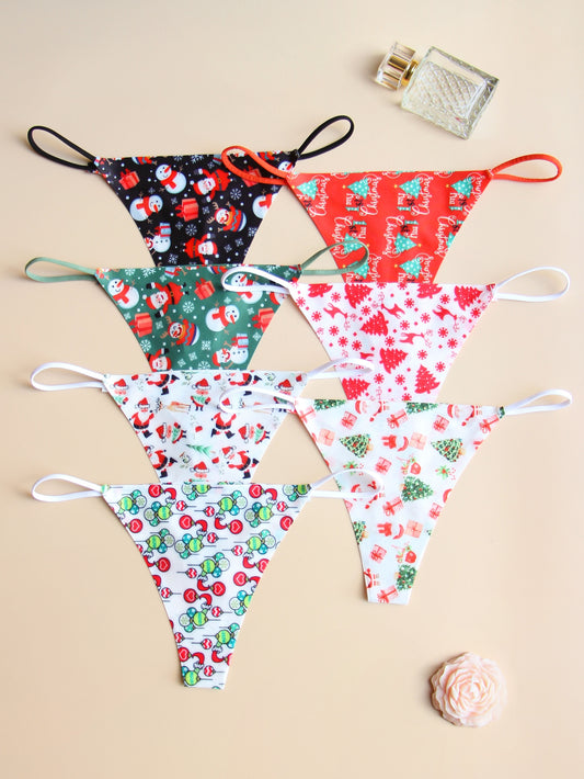 7pcs Sexy Low-Rise Thongs with Christmas Prints, Soft & Comfortable Women's Underwear