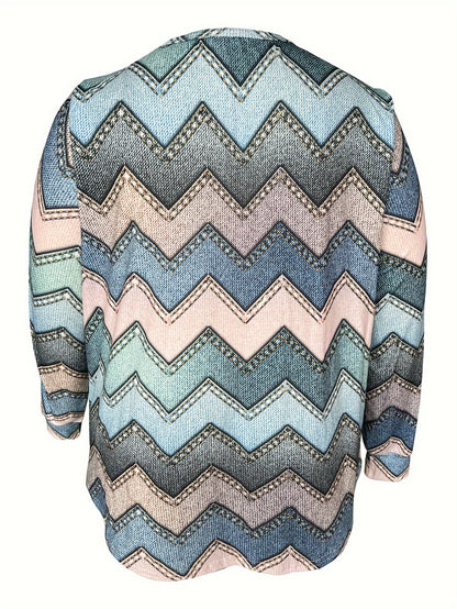 Sudadera elegante con estampado de chevron en tallas grandes para mujer, jersey informal de manga larga con media cremallera para uso diario, tejido suave y acogedor, ajuste relajado, perfecto para las temporadas de otoño e invierno